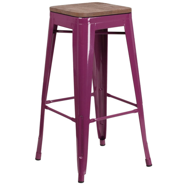 English Elm Murray Space-Saving Backless Barstool with Durable Metal Frame and Rustic Wood Seat for Modern Spaces Purple ET-BT3503-30-PUR-WD-GG