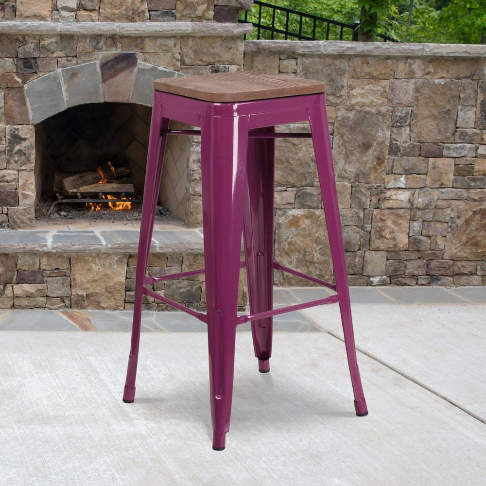 English Elm Murray Space-Saving Backless Barstool with Durable Metal Frame and Rustic Wood Seat for Modern Spaces Purple ET-BT3503-30-PUR-WD-GG