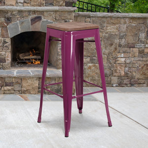 English Elm Murray Space-Saving Backless Barstool with Durable Metal Frame and Rustic Wood Seat for Modern Spaces Purple ET-BT3503-30-PUR-WD-GG