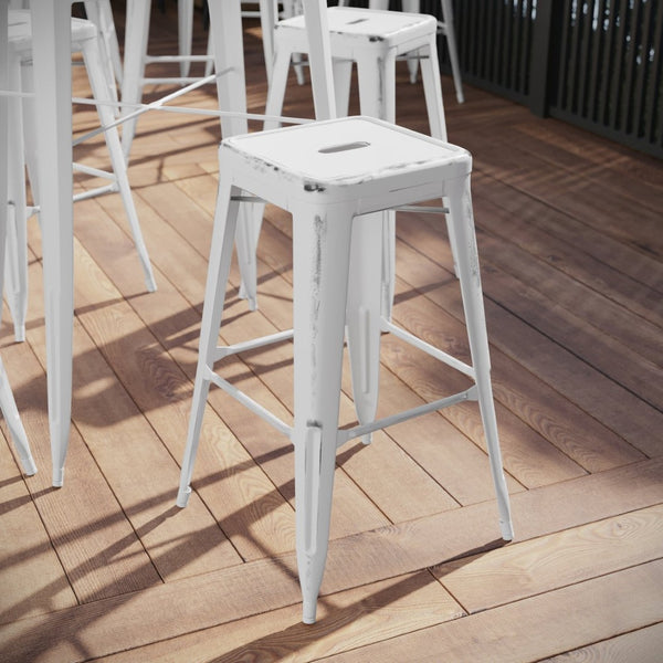 English Elm Kai High Backless Metal Barstool - Stylish Indoor-Outdoor Seating with Stackable Design & Durability White ET-BT3503-30-WH-GG