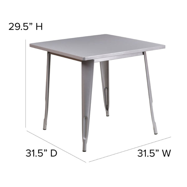 English Elm Foster Commercial-Grade 5-Piece Metal Dining Set with Stackable Chairs for Indoor and Outdoor Use Silver 31.5" Square ET-CT002-4-30-SIL-GG