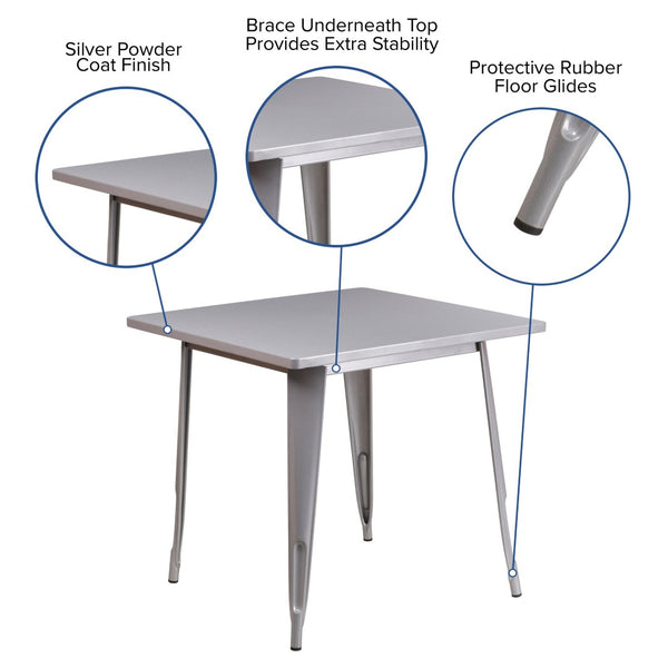 English Elm Foster Commercial-Grade 5-Piece Metal Dining Set with Stackable Chairs for Indoor and Outdoor Use Silver 31.5" Square ET-CT002-4-30-SIL-GG