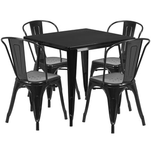 English Elm Foster Commercial-Grade 5-Piece Metal Dining Set with Stackable Chairs for Indoor and Outdoor Use Black 31.5" Square ET-CT002-4-30-BK-GG