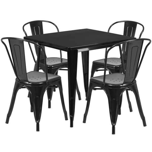 English Elm Foster Commercial-Grade 5-Piece Metal Dining Set with Stackable Chairs for Indoor and Outdoor Use Black 31.5" Square ET-CT002-4-30-BK-GG