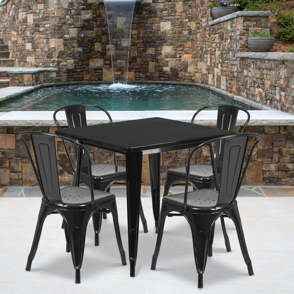 English Elm Foster Commercial-Grade 5-Piece Metal Dining Set with Stackable Chairs for Indoor and Outdoor Use Black 31.5" Square ET-CT002-4-30-BK-GG