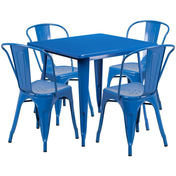 English Elm Foster Commercial-Grade 5-Piece Metal Dining Set with Stackable Chairs for Indoor and Outdoor Use Blue 31.5" Square ET-CT002-4-30-BL-GG