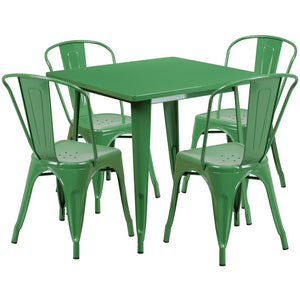 English Elm Foster Commercial-Grade 5-Piece Metal Dining Set with Stackable Chairs for Indoor and Outdoor Use Green 31.5" Square ET-CT002-4-30-GN-GG