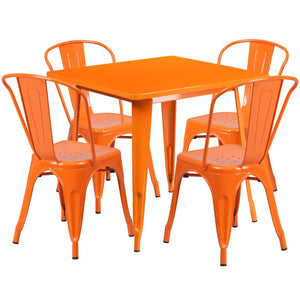 English Elm Foster Commercial-Grade 5-Piece Metal Dining Set with Stackable Chairs for Indoor and Outdoor Use Orange 31.5" Square ET-CT002-4-30-OR-GG