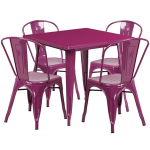 English Elm Foster Commercial-Grade 5-Piece Metal Dining Set with Stackable Chairs for Indoor and Outdoor Use Purple 31.5" Square ET-CT002-4-30-PUR-GG