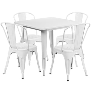 English Elm Foster Commercial-Grade 5-Piece Metal Dining Set with Stackable Chairs for Indoor and Outdoor Use White 31.5" Square ET-CT002-4-30-WH-GG