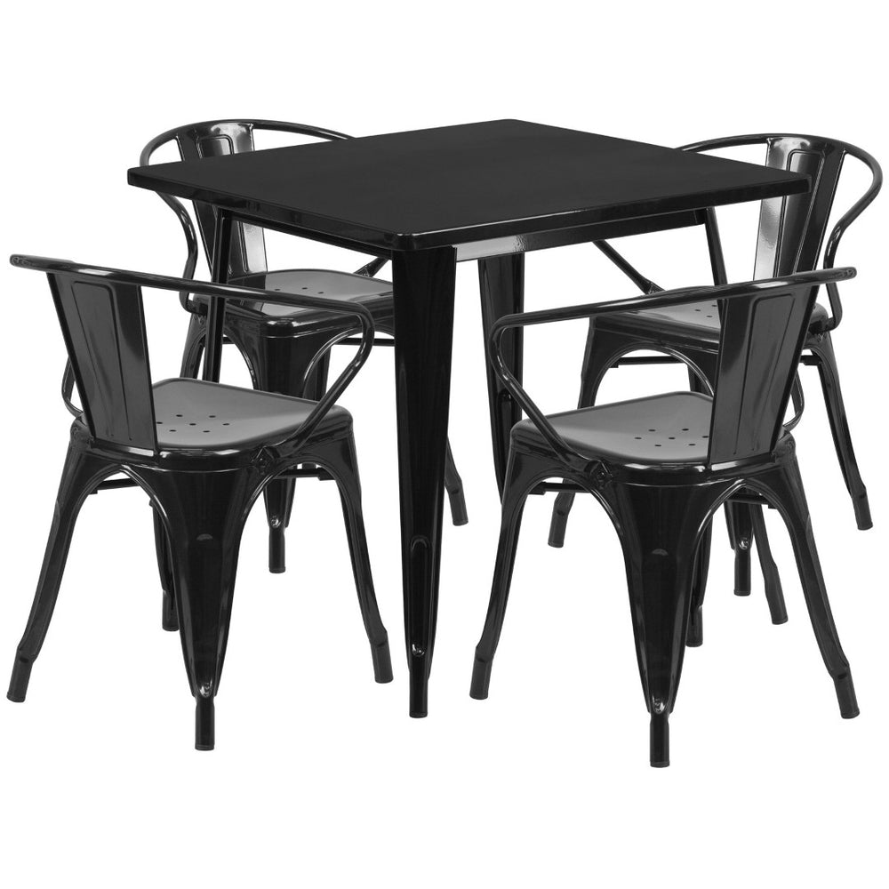 English Elm Grady Commercial Grade Metal Indoor-Outdoor Table Set with Four Arm Chairs for Stylish Dining Black 31.5" Square ET-CT002-4-70-BK-GG