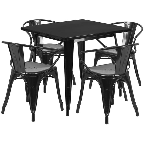 English Elm Grady Commercial Grade Metal Indoor-Outdoor Table Set with Four Arm Chairs for Stylish Dining Black 31.5" Square ET-CT002-4-70-BK-GG