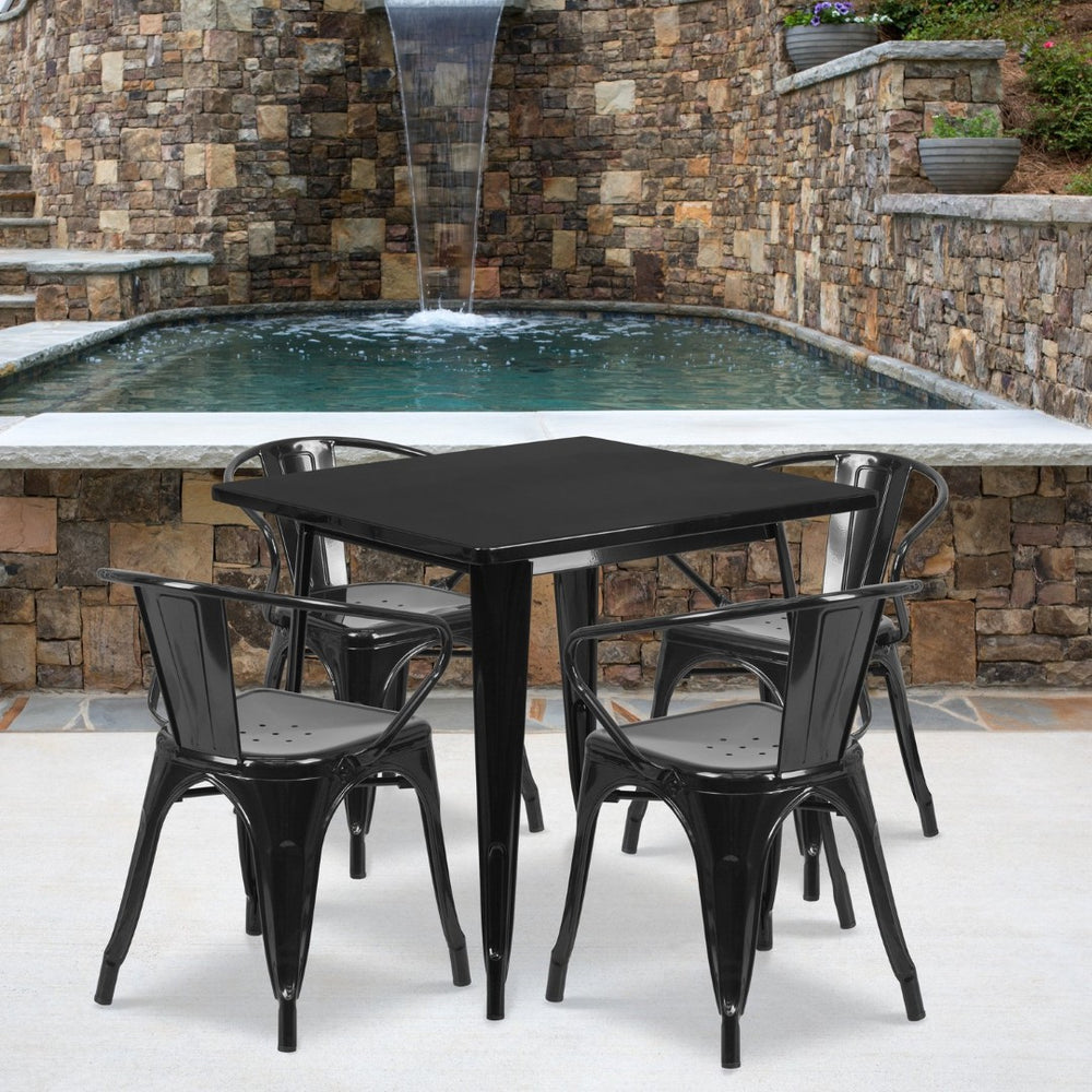 English Elm Grady Commercial Grade Metal Indoor-Outdoor Table Set with Four Arm Chairs for Stylish Dining Black 31.5" Square ET-CT002-4-70-BK-GG