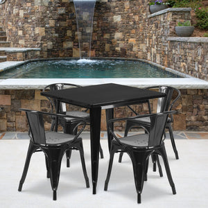 English Elm Grady Commercial Grade Metal Indoor-Outdoor Table Set with Four Arm Chairs for Stylish Dining Black 31.5" Square ET-CT002-4-70-BK-GG