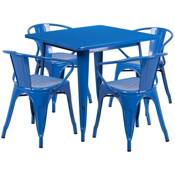 English Elm Grady Commercial Grade Metal Indoor-Outdoor Table Set with Four Arm Chairs for Stylish Dining Blue 31.5" Square ET-CT002-4-70-BL-GG