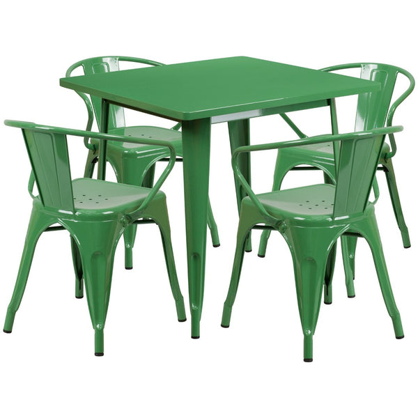 English Elm Grady Commercial Grade Metal Indoor-Outdoor Table Set with Four Arm Chairs for Stylish Dining Green 31.5" Square ET-CT002-4-70-GN-GG