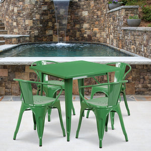 English Elm Grady Commercial Grade Metal Indoor-Outdoor Table Set with Four Arm Chairs for Stylish Dining Green 31.5" Square ET-CT002-4-70-GN-GG