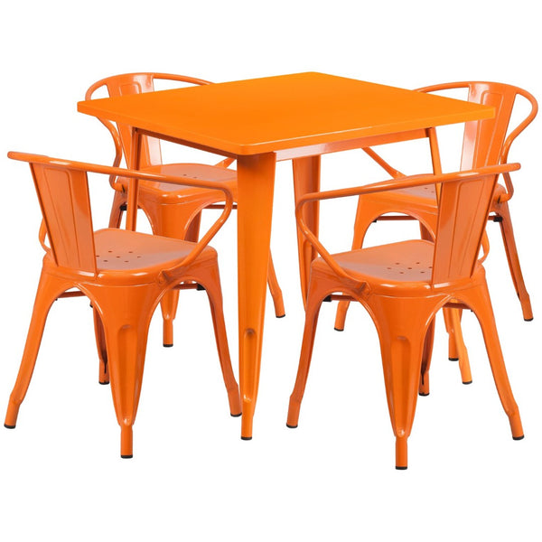 English Elm Grady Commercial Grade Metal Indoor-Outdoor Table Set with Four Arm Chairs for Stylish Dining Orange 31.5" Square ET-CT002-4-70-OR-GG