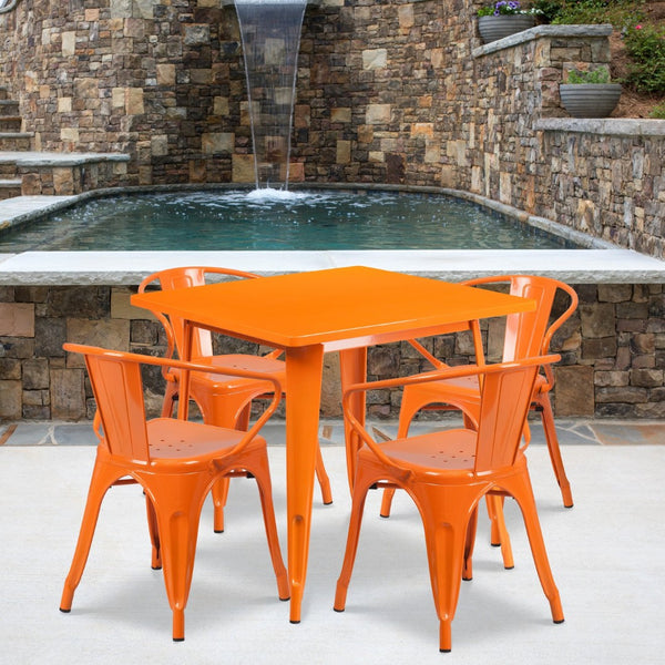 English Elm Grady Commercial Grade Metal Indoor-Outdoor Table Set with Four Arm Chairs for Stylish Dining Orange 31.5" Square ET-CT002-4-70-OR-GG
