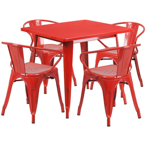 English Elm Grady Commercial Grade Metal Indoor-Outdoor Table Set with Four Arm Chairs for Stylish Dining Red 31.5" Square ET-CT002-4-70-RED-GG