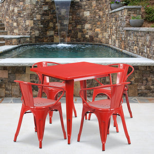 English Elm Grady Commercial Grade Metal Indoor-Outdoor Table Set with Four Arm Chairs for Stylish Dining Red 31.5" Square ET-CT002-4-70-RED-GG