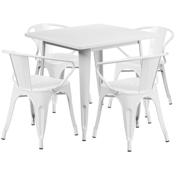 English Elm Grady Commercial Grade Metal Indoor-Outdoor Table Set with Four Arm Chairs for Stylish Dining White 31.5" Square ET-CT002-4-70-WH-GG