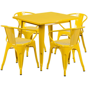 English Elm Grady Commercial Grade Metal Indoor-Outdoor Table Set with Four Arm Chairs for Stylish Dining Yellow 31.5" Square ET-CT002-4-70-YL-GG