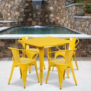 English Elm Grady Commercial Grade Metal Indoor-Outdoor Table Set with Four Arm Chairs for Stylish Dining Yellow 31.5" Square ET-CT002-4-70-YL-GG