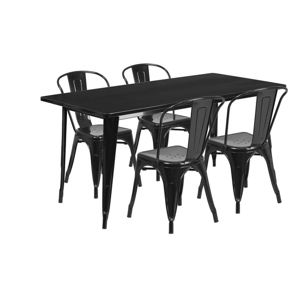 English Elm Darcy Commercial Grade Indoor-Outdoor Metal Table Set with 4 Stackable Bistro Chairs for Dining Spaces Black 31.5"W x 63"L ET-CT005-4-30-BK-GG