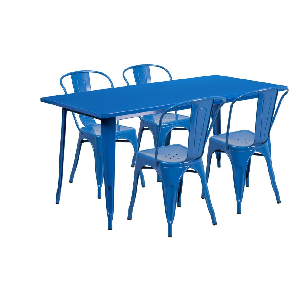 English Elm Darcy Commercial Grade Indoor-Outdoor Metal Table Set with 4 Stackable Bistro Chairs for Dining Spaces Blue 31.5"W x 63"L ET-CT005-4-30-BL-GG