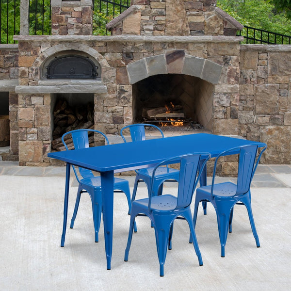 English Elm Darcy Commercial Grade Indoor-Outdoor Metal Table Set with 4 Stackable Bistro Chairs for Dining Spaces Blue 31.5"W x 63"L ET-CT005-4-30-BL-GG