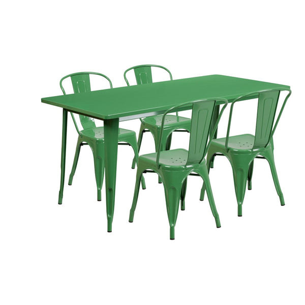 English Elm Darcy Commercial Grade Indoor-Outdoor Metal Table Set with 4 Stackable Bistro Chairs for Dining Spaces Green 31.5"W x 63"L ET-CT005-4-30-GN-GG