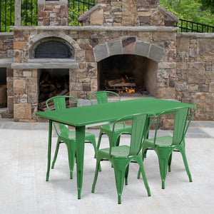 English Elm Darcy Commercial Grade Indoor-Outdoor Metal Table Set with 4 Stackable Bistro Chairs for Dining Spaces Green 31.5"W x 63"L ET-CT005-4-30-GN-GG
