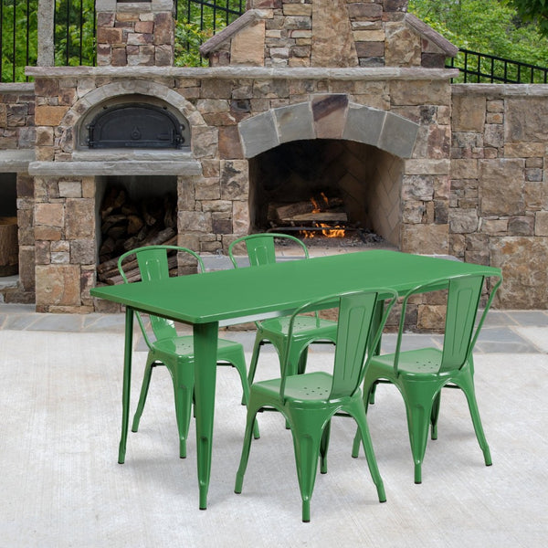 English Elm Darcy Commercial Grade Indoor-Outdoor Metal Table Set with 4 Stackable Bistro Chairs for Dining Spaces Green 31.5"W x 63"L ET-CT005-4-30-GN-GG
