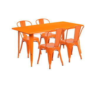 English Elm Darcy Commercial Grade Indoor-Outdoor Metal Table Set with 4 Stackable Bistro Chairs for Dining Spaces Orange 31.5"W x 63"L ET-CT005-4-30-OR-GG