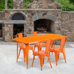 English Elm Darcy Commercial Grade Indoor-Outdoor Metal Table Set with 4 Stackable Bistro Chairs for Dining Spaces Orange 31.5"W x 63"L ET-CT005-4-30-OR-GG