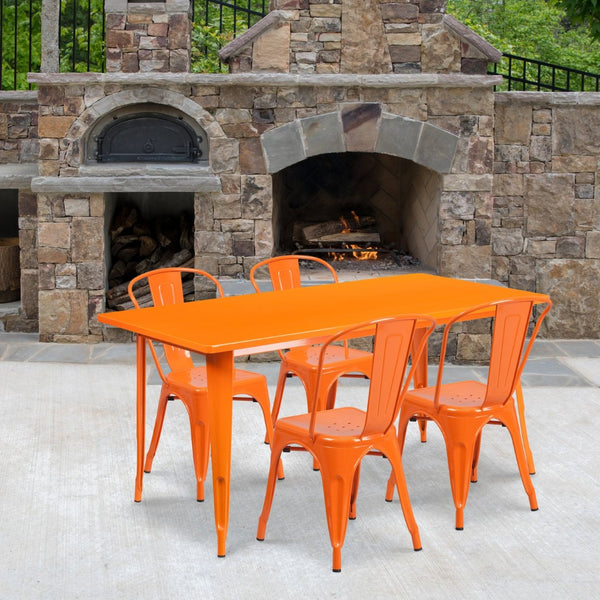 English Elm Darcy Commercial Grade Indoor-Outdoor Metal Table Set with 4 Stackable Bistro Chairs for Dining Spaces Orange 31.5"W x 63"L ET-CT005-4-30-OR-GG