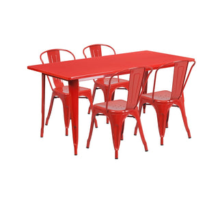 English Elm Darcy Commercial Grade Indoor-Outdoor Metal Table Set with 4 Stackable Bistro Chairs for Dining Spaces Red 31.5"W x 63"L ET-CT005-4-30-RED-GG