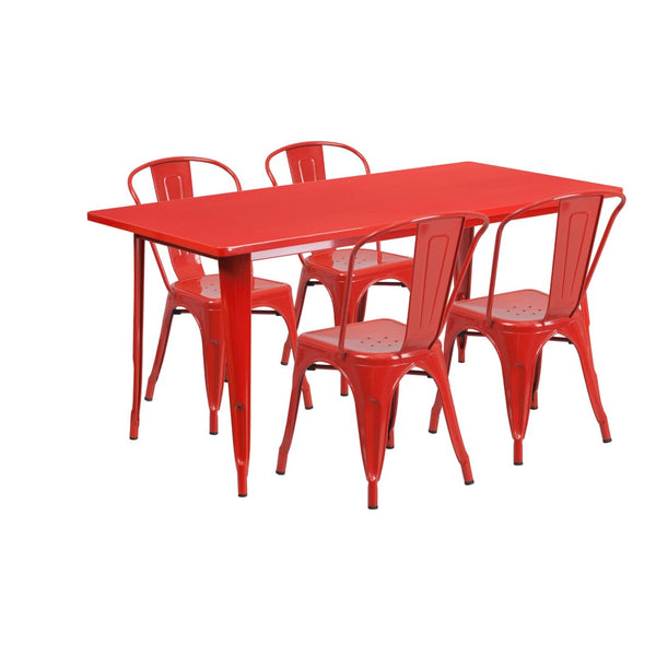 English Elm Darcy Commercial Grade Indoor-Outdoor Metal Table Set with 4 Stackable Bistro Chairs for Dining Spaces Red 31.5"W x 63"L ET-CT005-4-30-RED-GG
