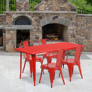 English Elm Darcy Commercial Grade Indoor-Outdoor Metal Table Set with 4 Stackable Bistro Chairs for Dining Spaces Red 31.5"W x 63"L ET-CT005-4-30-RED-GG
