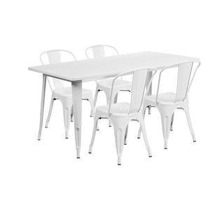 English Elm Darcy Commercial Grade Indoor-Outdoor Metal Table Set with 4 Stackable Bistro Chairs for Dining Spaces White 31.5"W x 63"L ET-CT005-4-30-WH-GG