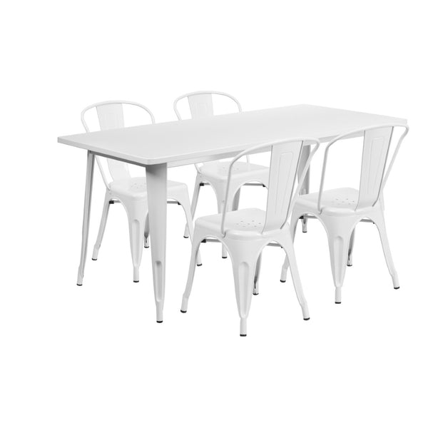 English Elm Darcy Commercial Grade Indoor-Outdoor Metal Table Set with 4 Stackable Bistro Chairs for Dining Spaces White 31.5"W x 63"L ET-CT005-4-30-WH-GG