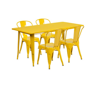 English Elm Darcy Commercial Grade Indoor-Outdoor Metal Table Set with 4 Stackable Bistro Chairs for Dining Spaces Yellow 31.5"W x 63"L ET-CT005-4-30-YL-GG