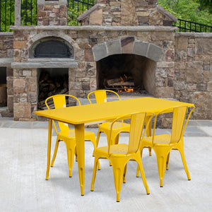 English Elm Darcy Commercial Grade Indoor-Outdoor Metal Table Set with 4 Stackable Bistro Chairs for Dining Spaces Yellow 31.5"W x 63"L ET-CT005-4-30-YL-GG