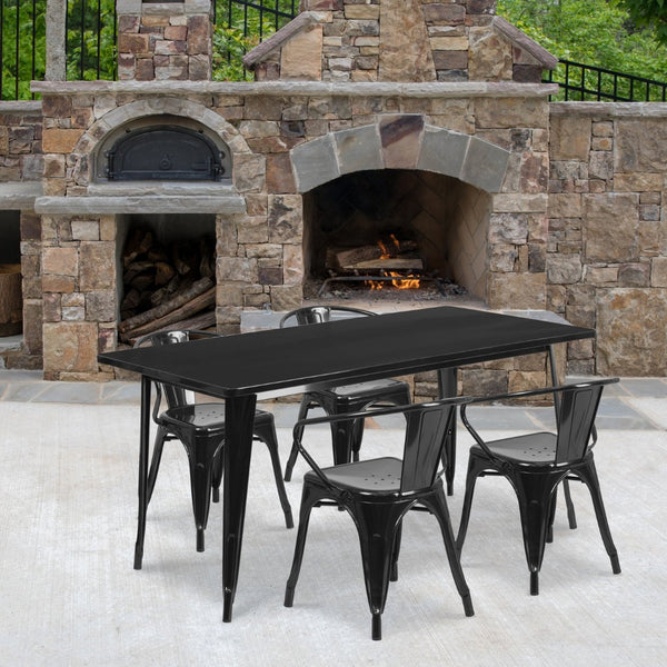 English Elm Fisher Commercial Grade Indoor-Outdoor Dining Set with Rectangular Table and 4 Stylish Arm Chairs Black 31.5"W x 63"L ET-CT005-4-70-BK-GG