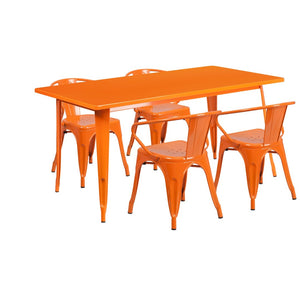 English Elm Fisher Commercial Grade Indoor-Outdoor Dining Set with Rectangular Table and 4 Stylish Arm Chairs Orange 31.5"W x 63"L ET-CT005-4-70-OR-GG