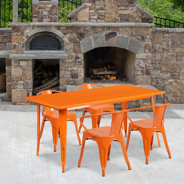 English Elm Fisher Commercial Grade Indoor-Outdoor Dining Set with Rectangular Table and 4 Stylish Arm Chairs Orange 31.5"W x 63"L ET-CT005-4-70-OR-GG
