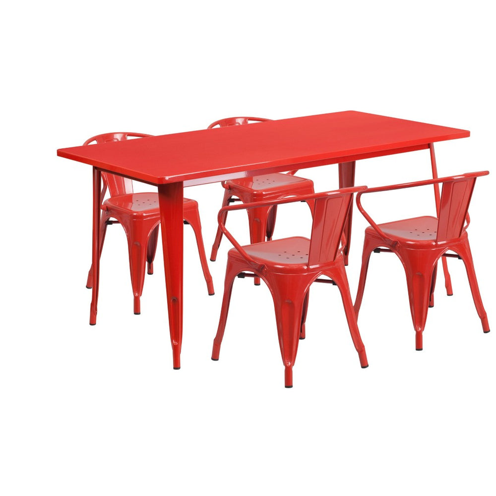 English Elm Fisher Commercial Grade Indoor-Outdoor Dining Set with Rectangular Table and 4 Stylish Arm Chairs Red 31.5"W x 63"L ET-CT005-4-70-RED-GG