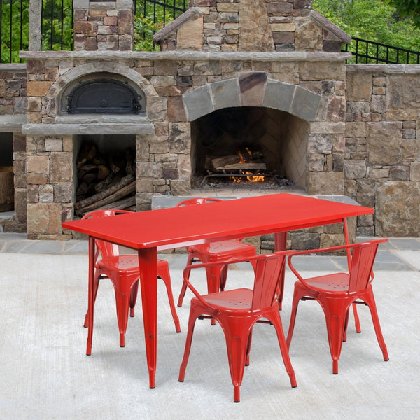 English Elm Fisher Commercial Grade Indoor-Outdoor Dining Set with Rectangular Table and 4 Stylish Arm Chairs Red 31.5"W x 63"L ET-CT005-4-70-RED-GG
