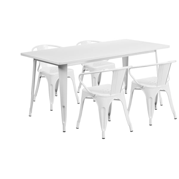 English Elm Fisher Commercial Grade Indoor-Outdoor Dining Set with Rectangular Table and 4 Stylish Arm Chairs White 31.5"W x 63"L ET-CT005-4-70-WH-GG